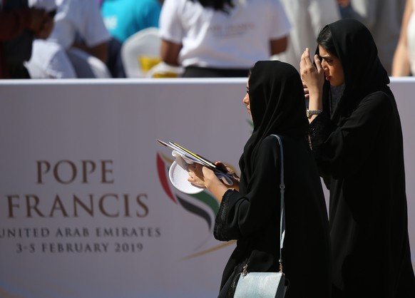 epa07344823 UAE women attend Pope Francis&#039; Papal mass at Zayed Sports City, United Arab Emirates, 05 February 2019. Pope Francis is on three-day visit to the UAE, making him the first pontiff to  ...