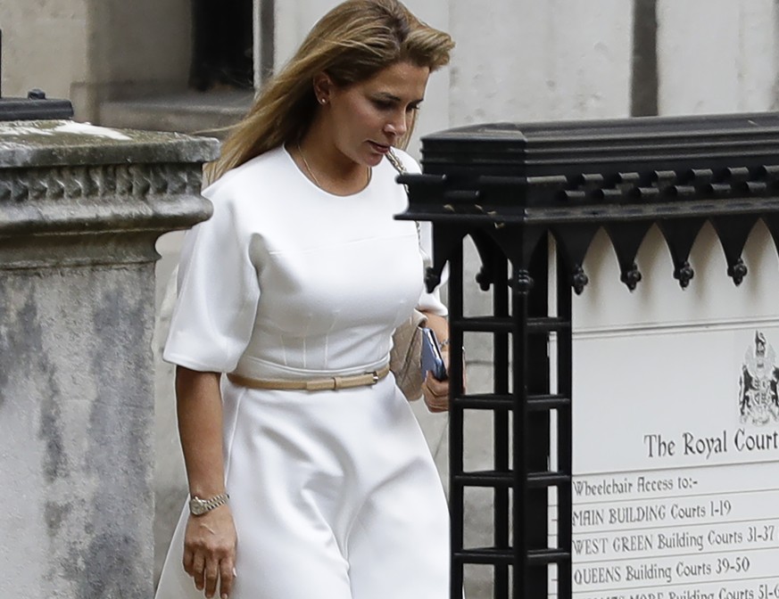 Princess Haya Bint al-Hussein leaves The High Court in London, Tuesday, July 30, 2019. A dispute between the ruler of Dubai and his estranged wife over the welfare of their two young children will pla ...
