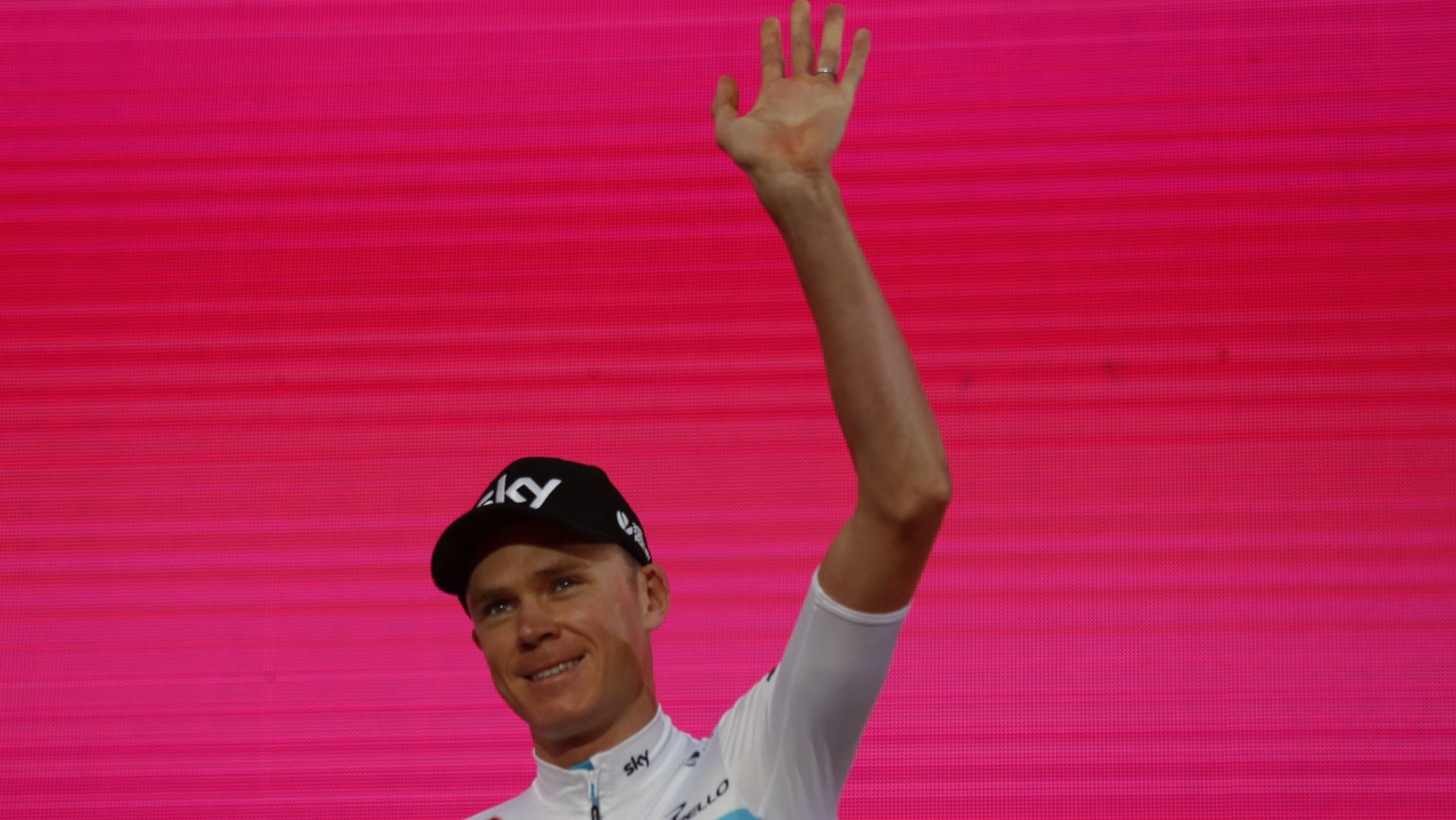 British cyclist Chris Froome waves during Team Sky presentation in Jerusalem, Thursday, May 3, 2018. The Giro d&#039;Italia, Tour of Italy cycling race is scheduled to start on Friday in Jerusalem. (A ...