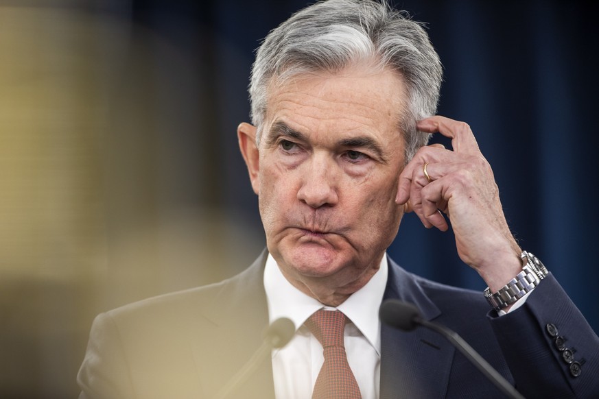 epa07240843 Federal Reserve Chairman Jerome H. Powell announces the Fed&#039;s decision to raise interest rates by a quarter point at a news conference following a Federal Open Market Committee meetin ...