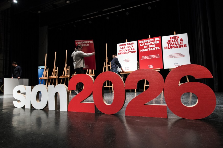 Preparation ce mardi 6 fevrier 2018 de la CP du debut officiel de la campagne Sion 2026 OUI, a l&#039;Aula du Lycee-college des Creusets a Sion. (KEYSTONE/Olivier Maire)