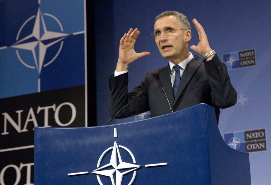 FILE - In this Feb. 16, 2017 file photo, NATO Secretary General Jens Stoltenberg speaks during a media conference at NATO headquarters in Brussels. The current naval standoff between France and Turkey ...