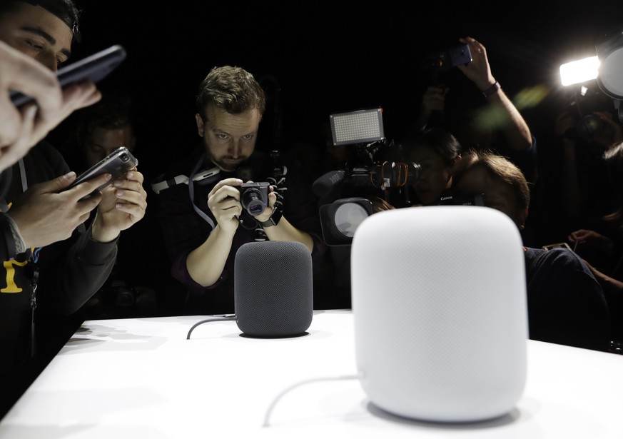 FILE - In this Monday, June 5, 2017, file photo, the HomePod speaker is photographed in a a showroom during an announcement of new products at the Apple Worldwide Developers Conference in San Jose, Ca ...
