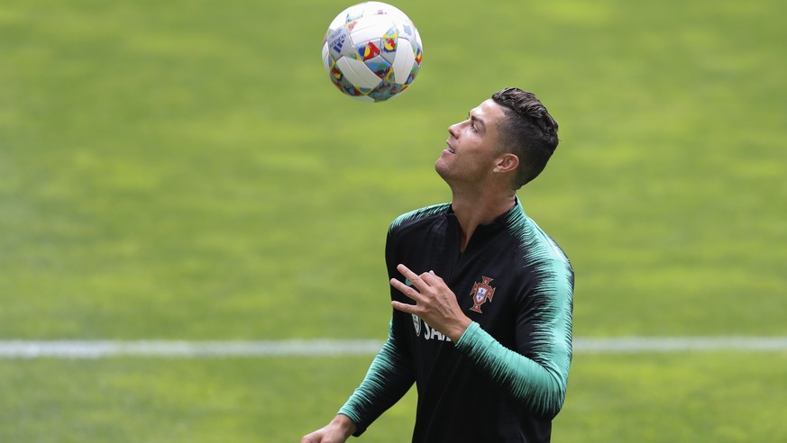 epa07622049 Portugal player Cristiano Ronaldo in action during a training session of the Portuguese National Soccer Team in preparation for the Final Phase of the UEFA Nations League, at Bessa stadium ...