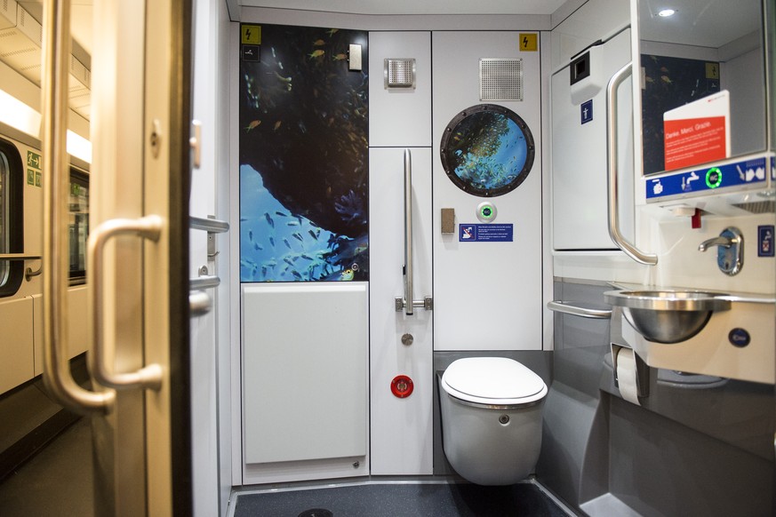 Eine Aquarium-Folie in einem Zug-WC, aufgenommen am Montag, 21. Maerz 2016 in Zuerich. Fuer die Wartung der WC-Systeme, die taeglich rund 135 000 Mal benutzt werden, wendet die SBB jaehrlich rund 10 M ...