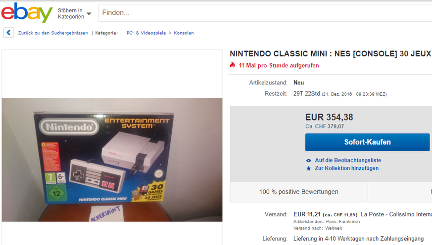 Ein Schnäppchen? Das Nintendo Classic Mini für gut 350 Euro bzw. 379 Franken auf eBay.