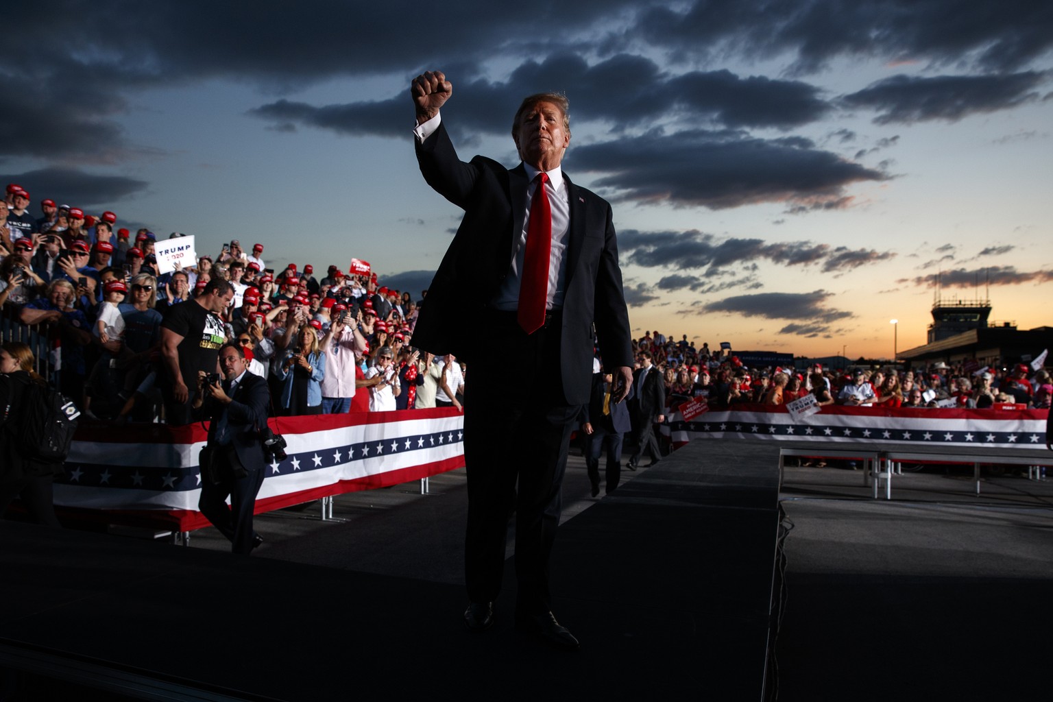 President Donald Trump pumps his fist to the crowd after speaking to a campaign rally in Montoursville, Pa., on May 20, 2019. (AP Photo/Evan Vucci)
Donald Trump