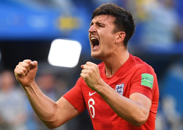 epa06871792 Harry Maguire of England celebrates after the FIFA World Cup 2018 quarter final soccer match between Sweden and England in Samara, Russia, 07 July 2018. England won 2-0.

(RESTRICTIONS APP ...