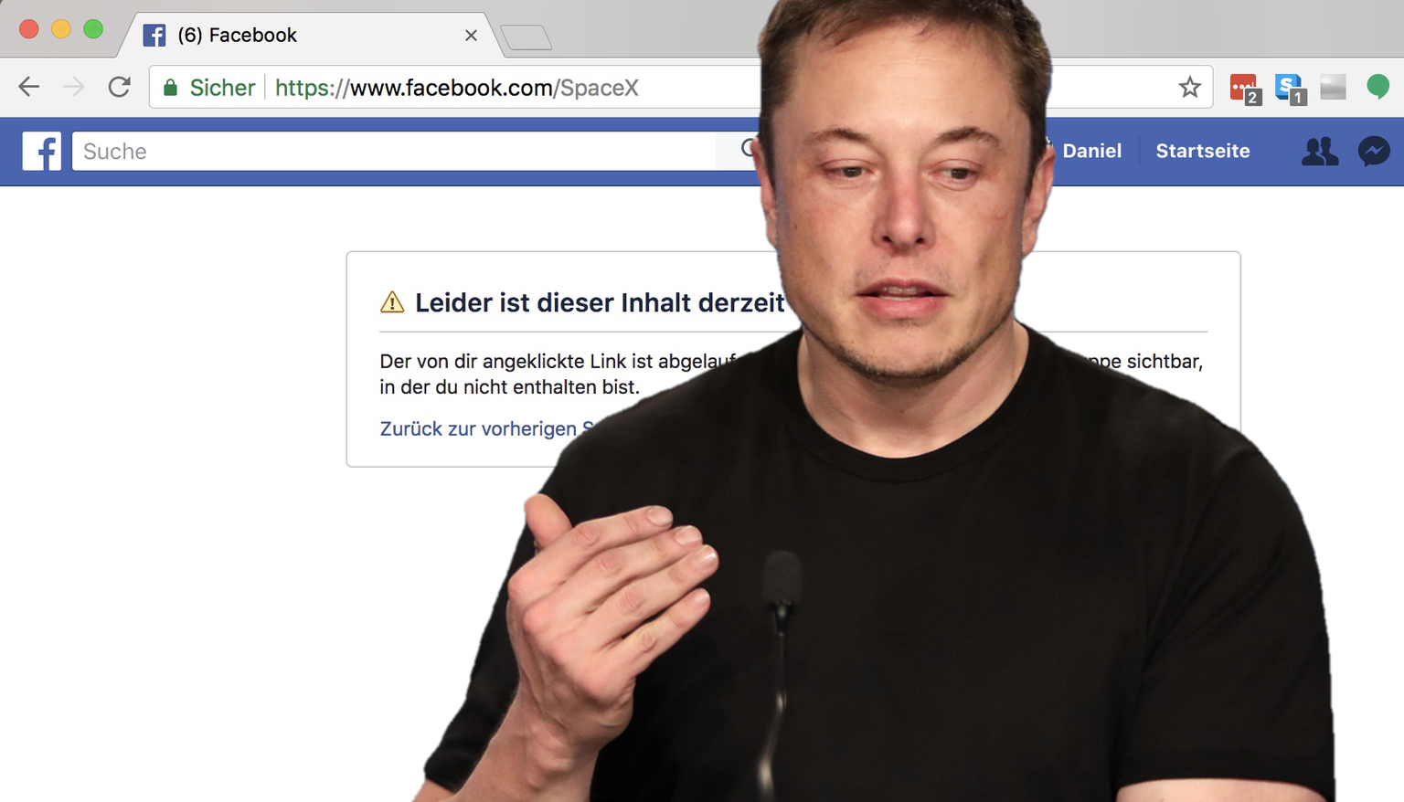Die Facebook-Seite fürs Weltraum-Projekt SpaceX ist seit Tagen «unerreichbar».&nbsp;