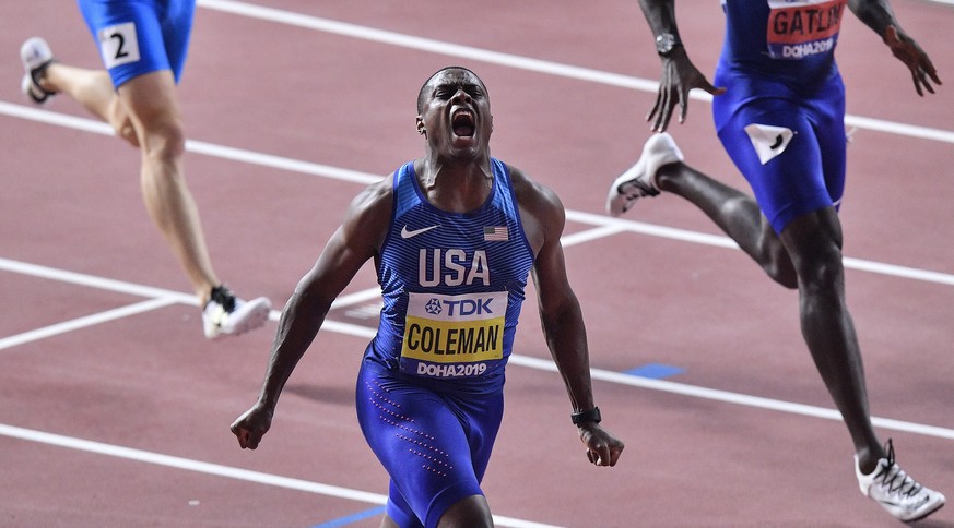 Christian Coleman, of the United States, reacts after winning the men&#039;s 100 meter race during the World Athletics Championships in Doha, Qatar, Saturday, Sept. 28, 2019. (AP Photo/Martin Meissner ...