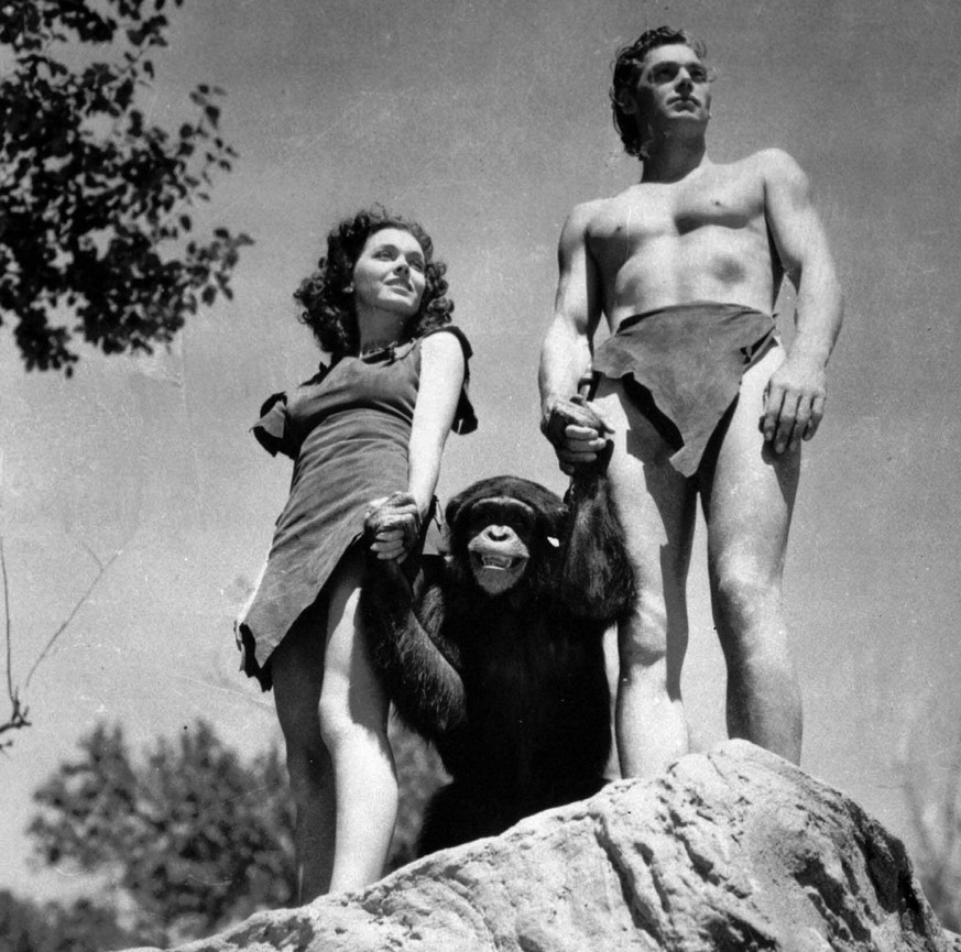JAHRHUNDERTRUECKBLICK SPORT === SCHWIMMEN JOHNNY WEISSMUELLER === Johnny Weissmueller as Tarzan, Maureen O&#039;Sullivan as Jane, and chimpanzee Skippy, pictured 1936 in a scene from a &#039;Tarzan&#0 ...
