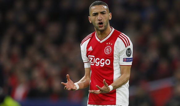 Ajax&#039;s Hakim Ziyech reacts during the Champions League quarterfinal, first leg, soccer match between Ajax and Juventus at the Johan Cruyff ArenA in Amsterdam, Netherlands, Wednesday, April 10, 20 ...