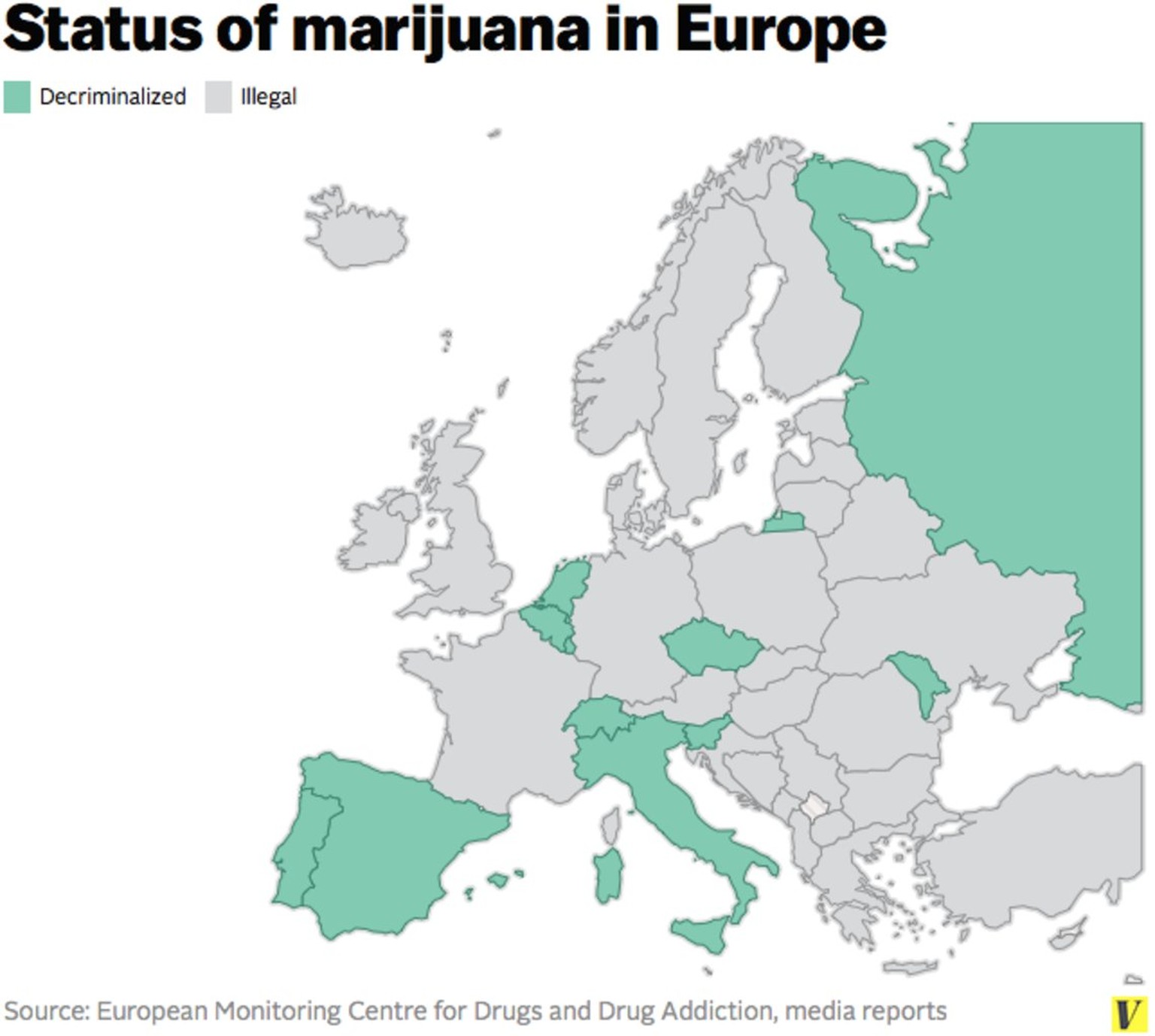 Cannabis ist in den allermeisten Ländern illegal. Hanfbesitz für den Eigengebrauch in geringen Mengen wird jedoch in den grün markierten Ländern nicht/kaum verfolgt. In den grauen Ländern sollte man s ...