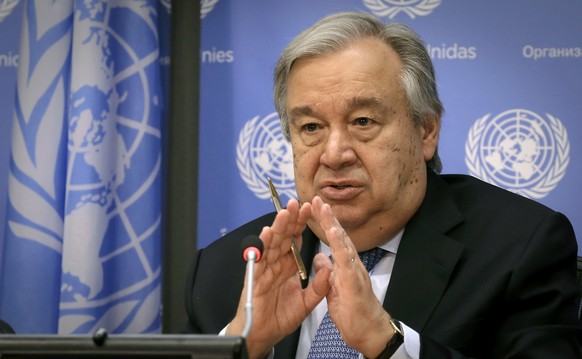 United Nations Secretary-General António Guterres speaks during his first press conference with U.N. correspondents, on World Refugee Day, Tuesday June 20, 2017, at U.N. headquarters. (AP Photo/Bebeto ...