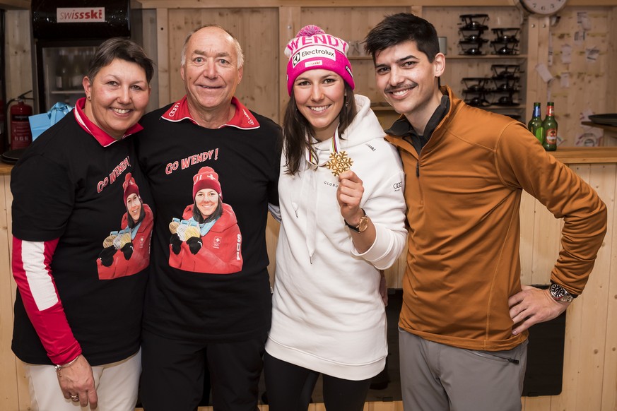 Wendy Holdener of Switzerland, gold medal, celebrates with the family at the House of Switzerland during the medals ceremony after the Alpine Combined at the 2019 FIS Alpine Skiing World Championships ...