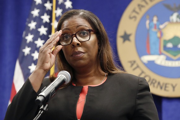 FILE - In this Aug. 6, 2020, file photo, New York State Attorney General Letitia James adjusts her glasses during a press conference in New York. New York may have undercounted COVID-19 deaths of nurs ...