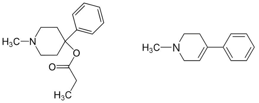 Die chemische Struktur der Deisgnerdroge MPPP (links) und des Nervengifts MPTP