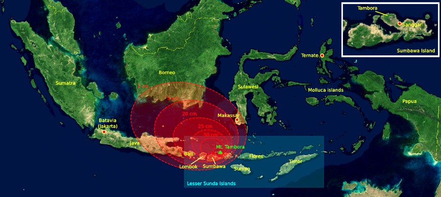 Die geschätzten Asche-Niederschläge des Tambora-Ausbruchs.