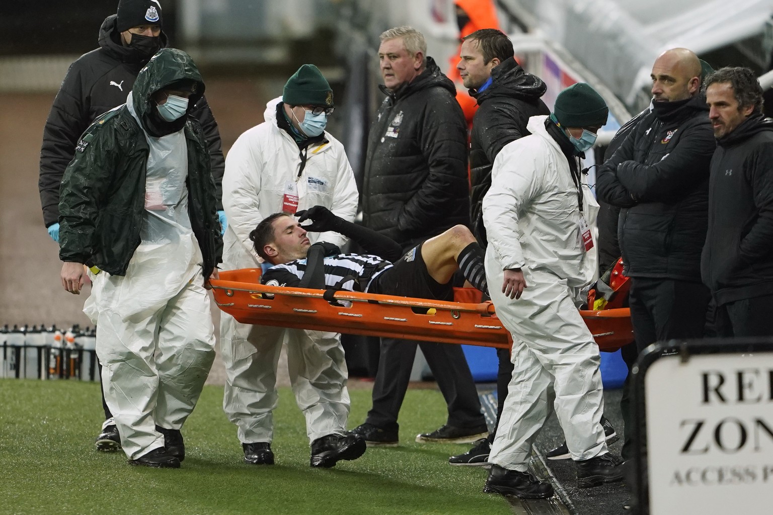 Newcastle&#039;s Fabian Schaer is carried off the field on a stretcher during the English Premier League soccer match between Newcastle and Southampton, at St. James&#039; Park Stadium in Newcastle, E ...