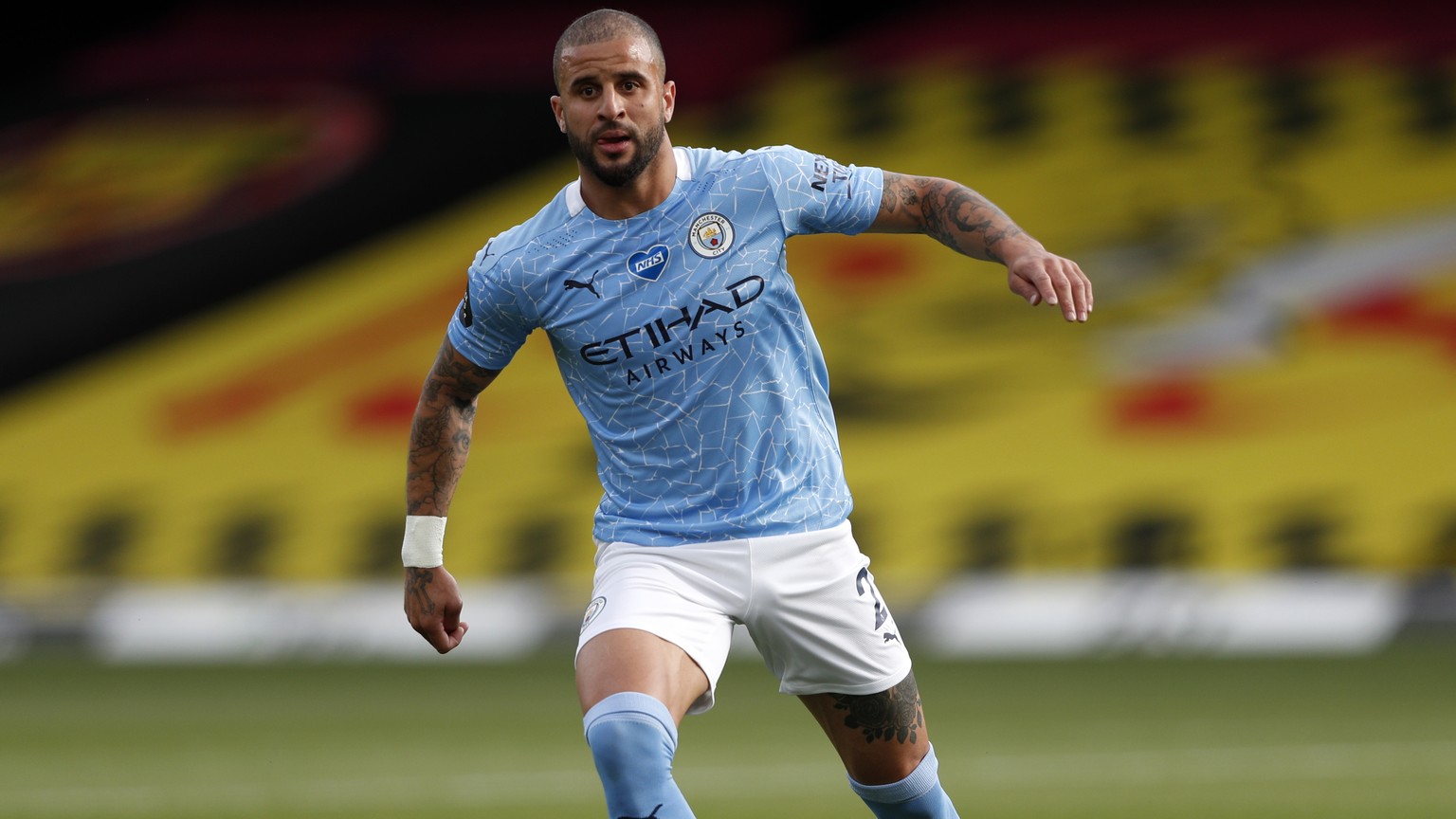 Manchester City&#039;s Kyle Walker controls the ball during the English Premier League soccer match between Watford and Manchester City at the Vicarage Road Stadium in Watford, England, Tuesday, July  ...