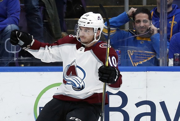 Colorado Avalanche&#039;s Sven Andrighetto, of Switzerland, celebrates after scoring during the first period of an NHL hockey game against the St. Louis Blues Friday, Dec. 14, 2018, in St. Louis. (AP  ...