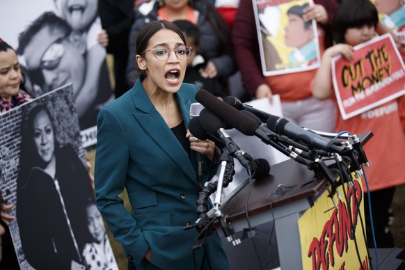 epa07351056 Democratic Representative from New York Alexandria Ocasio-Cortez delivers remarks during a press conference on deportation at Capitol Hill in Washington, DC, USA, 07 February 2019. During  ...