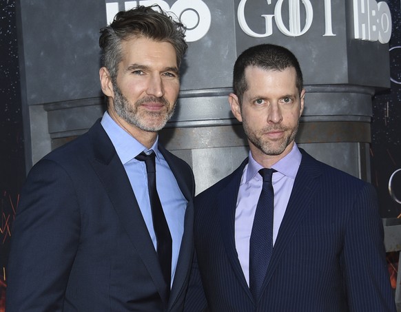 FILE - In this Wednesday, April 3, 2019, file photo, creator/executive producers David Benioff, left, and D. B. Weiss attend HBO&#039;s &quot;Game of Thrones&quot; final season premiere at Radio City  ...