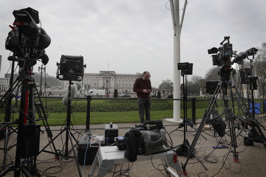 Television equipment is set up in front of Buckingham Palace in London, Monday, March 8, 2021. Britain&#039;s royal family is absorbing the tremors from a sensational television interview by Prince Ha ...