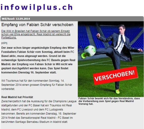 Real Madrid geht vor: Wil hat den Empfang für seinen neuen Ehrenbürger Fabian Schär verschoben.&nbsp;