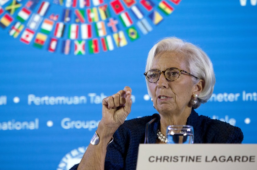 Managing Director of International Monetary Fund (IMF) Christine Lagarde talks during a press conference ahead of the annual meetings of the IMF and World Bank in Bali, Indonesia on Thursday, Oct. 11, ...