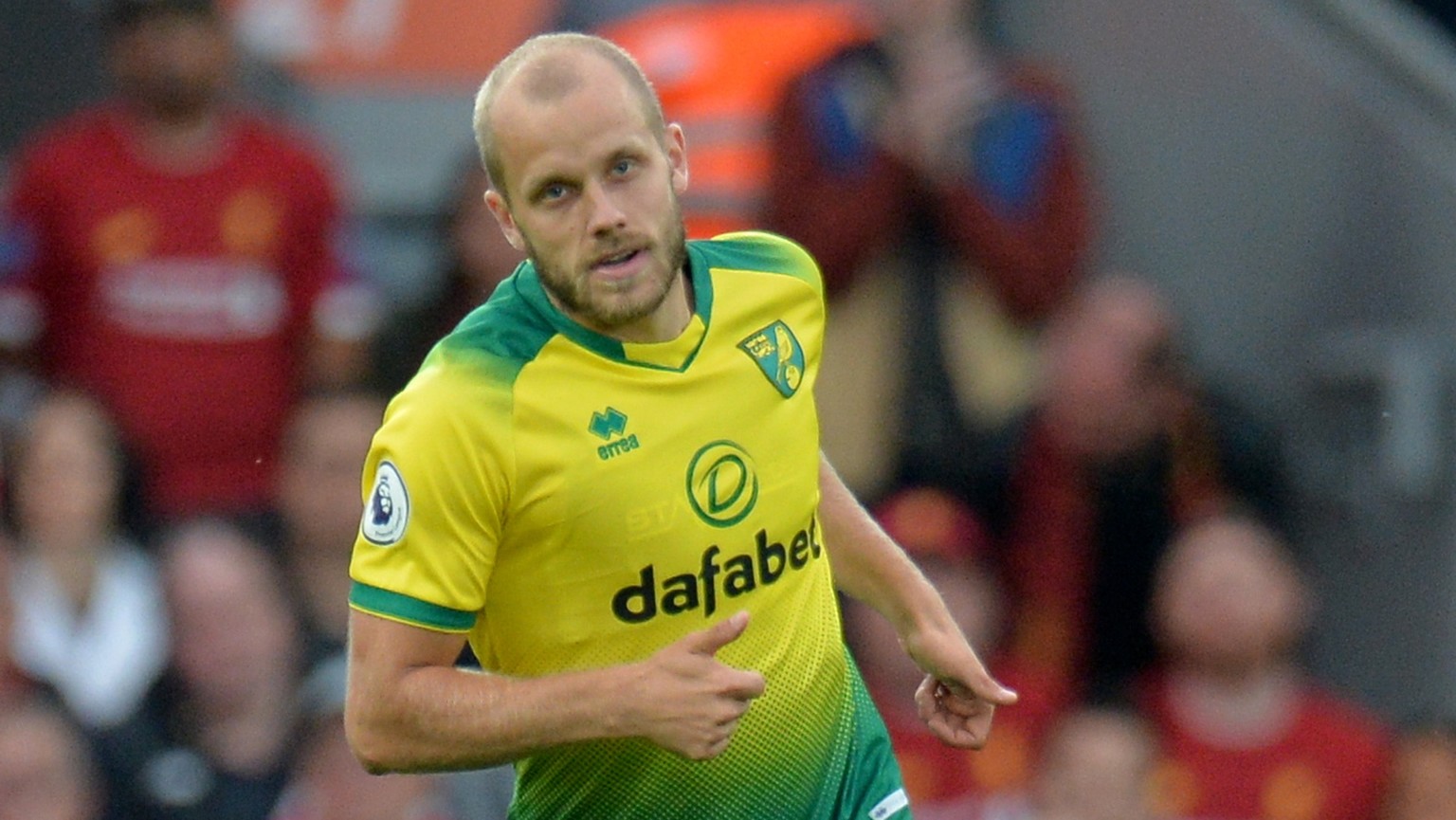 epa07764855 Teemu Pukki of Norwich City in action during the English Premier League soccer match between Liverpool FC and Norwich City at Anfield, Liverpool, Britain, 09 August 2019. EPA/PETER POWELL  ...