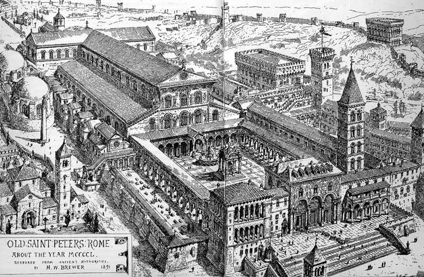 Der Vorgängerbau des Petersdoms, auch Alt-St.Peter genannt. Er wurde von Konstantin dem Grossen um 324 als Grabeskirche über dem vermuteten Grab des Apostels Simon Petrus errichtet.