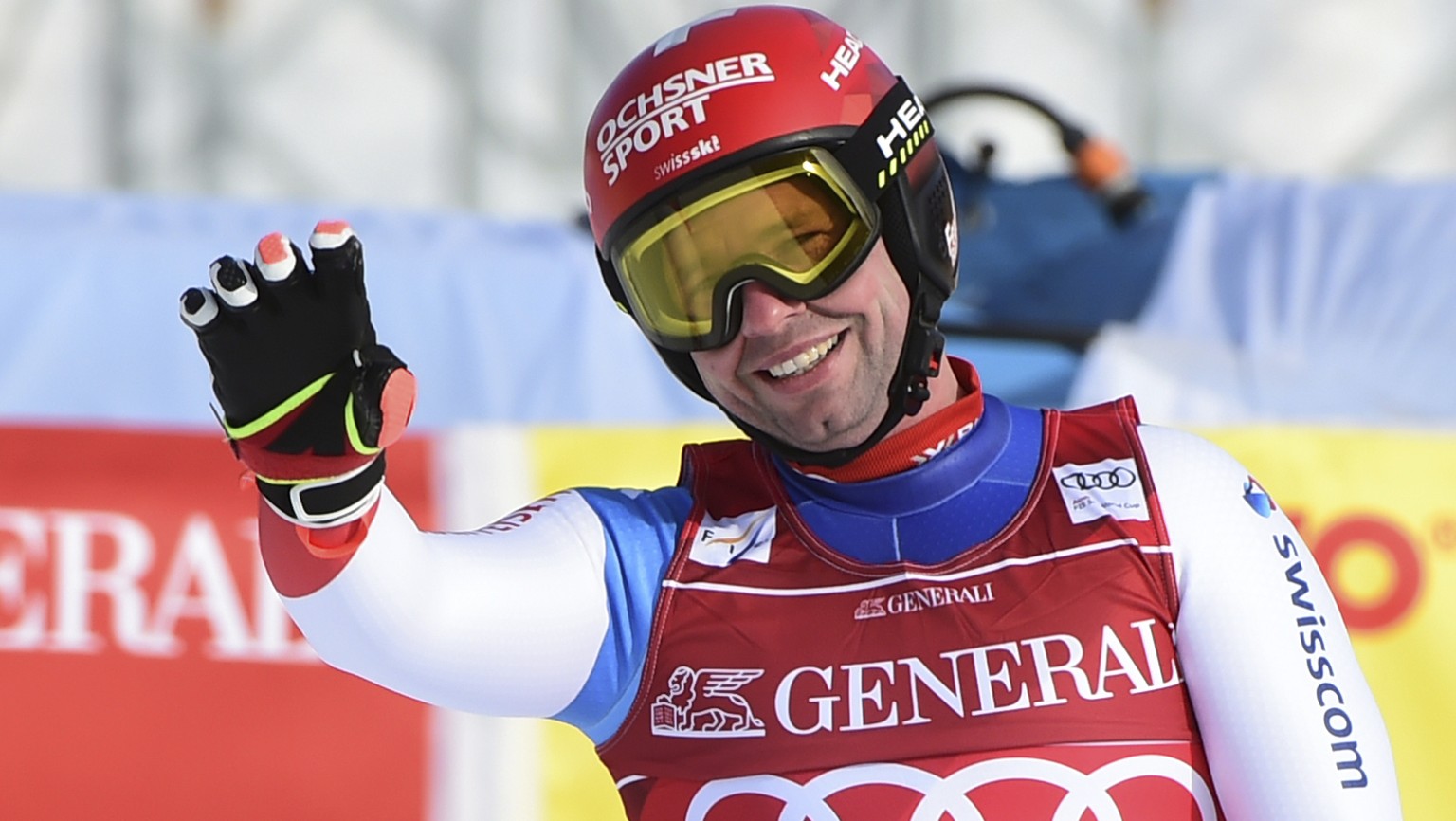 Switzerland&#039;s Beat Feuz reacts after completing an alpine ski, men&#039;s World Cup downhill, in Garmisch-Partenkirchen, Germany, Friday, Feb. 5, 2021. (AP Photo/Marco Tacca)