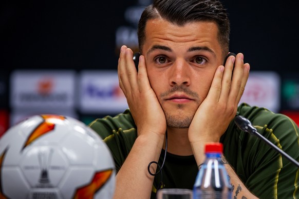 epa07608394 A handout provided by UEFA shows Granit Xhaka of Arsenal during a press conference at the Olympic Stadium in Baku, Azerbaijan, 28 May 2019. Arsenal will play Chelsea in the UEFA Europa Lea ...
