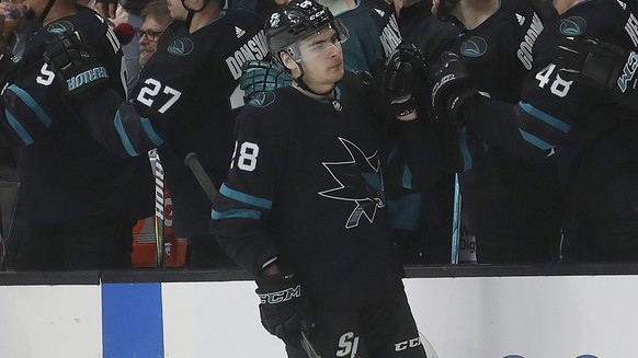 San Jose Sharks right wing Timo Meier is congratulated by teammates after scoring a goal against the Chicago Blackhawks during the second period of an NHL hockey game in San Jose, Calif., Thursday, Ma ...