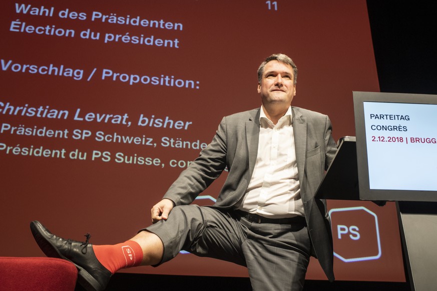 Der wiedergewaehlte Parteipraesident Christian Levrat spricht anlaesslich des ordentlichen Parteitags der SP Schweiz, aufgenommen am Sonntag, 2. Dezember 2018 in Brugg Windisch. (KEYSTONE/Ennio Leanza ...