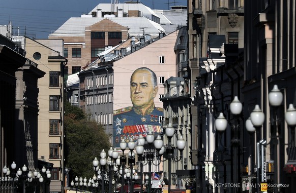 epa07035145 The huge graffiti portrait of the Marshal of the Soviet Union Georgy Zhukov with area 250 square meters is seen at the Arbat street in center Moscow, Russia, 20 September 2018. Arbat stree ...