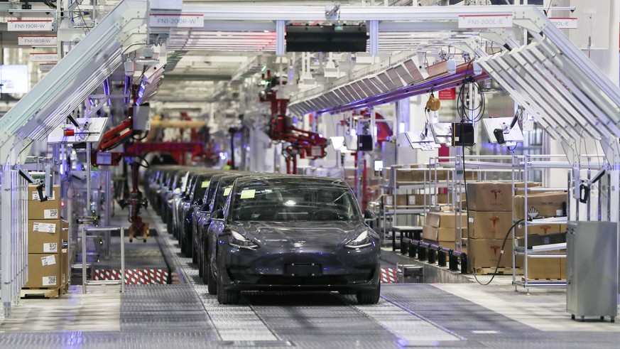 In this photo released by China&#039;s Xinhua News Agency, Tesla vehicles are seen on an assembly line at Tesla&#039;s gigafactory in Shanghai, Tuesday, Jan. 7, 2020. Tesla&#039;s Shanghai factory del ...