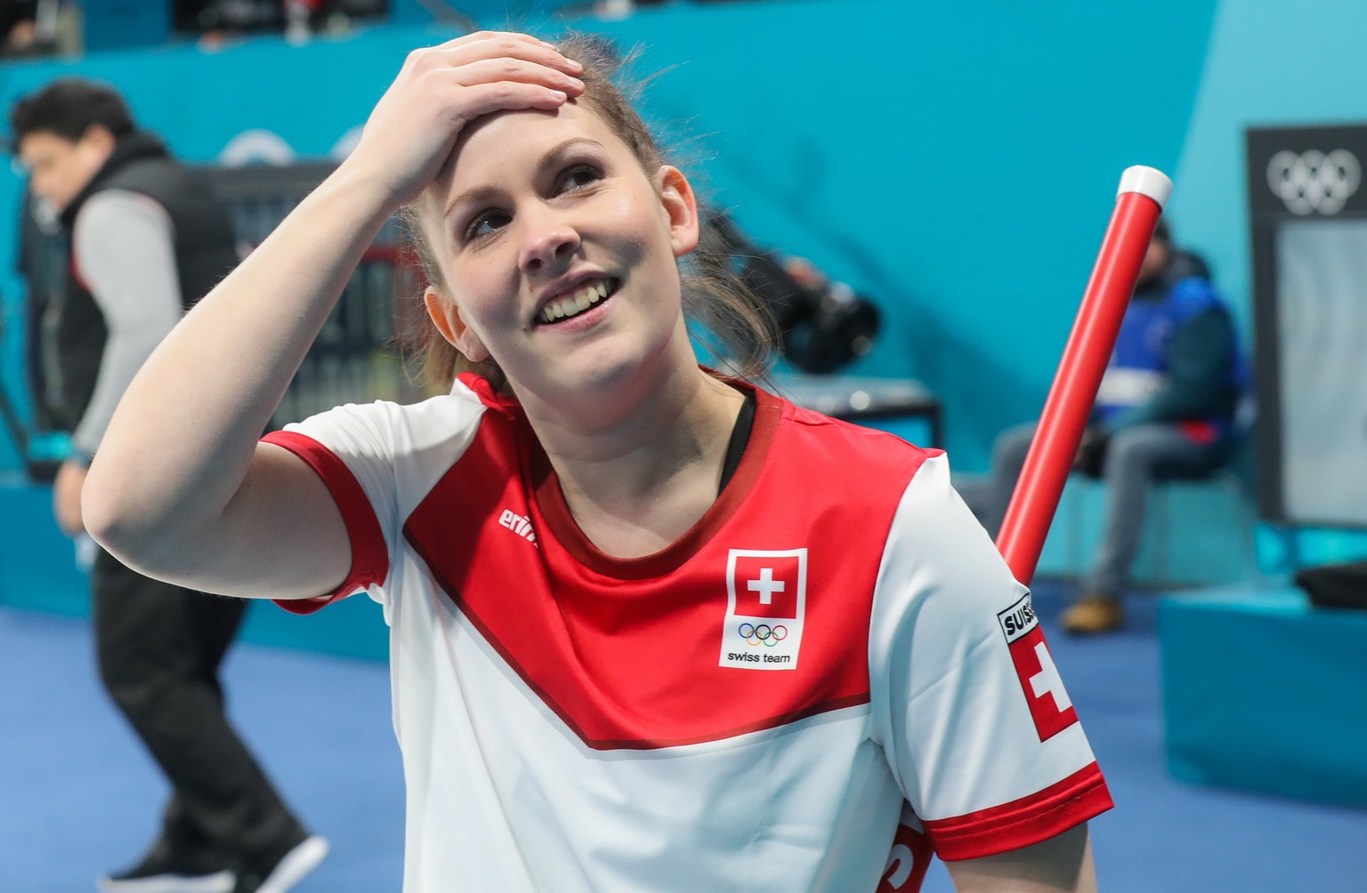epa06518076 Jenny Perret of Switzerland reacts as she and Martin Rios play Anastasia Bryzgalova and Aleksandr Krushelnitckii of the Olympic Athlete from Russia (OAR) in the Mixed Doubles Round Robin s ...