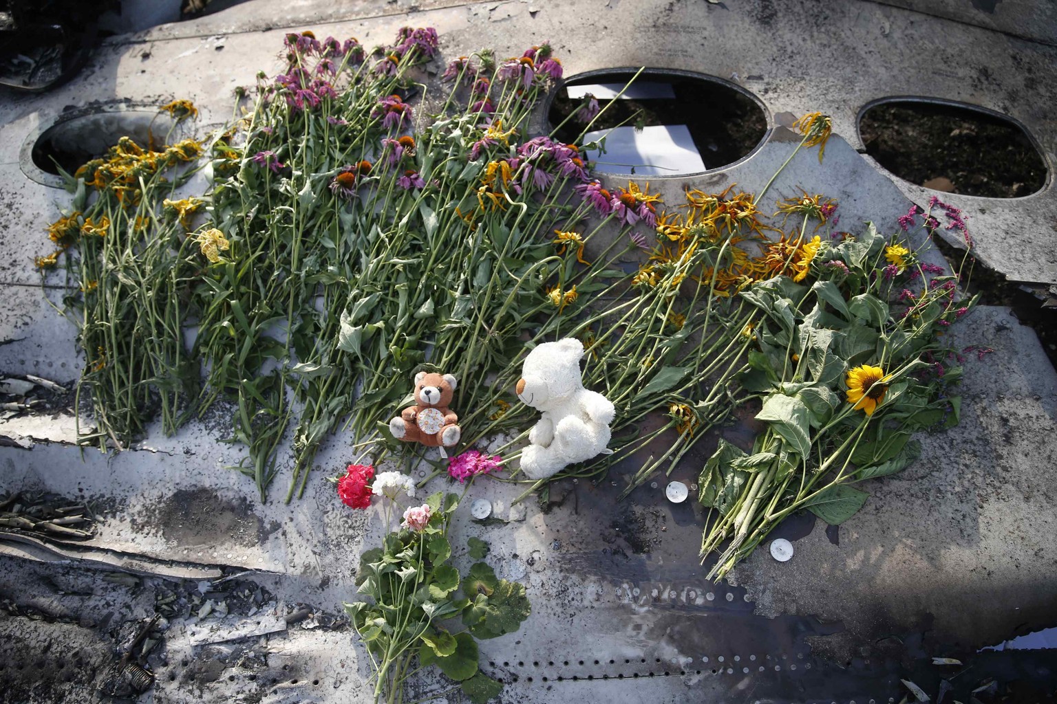 Blumen bei den Trümmern von MH17.