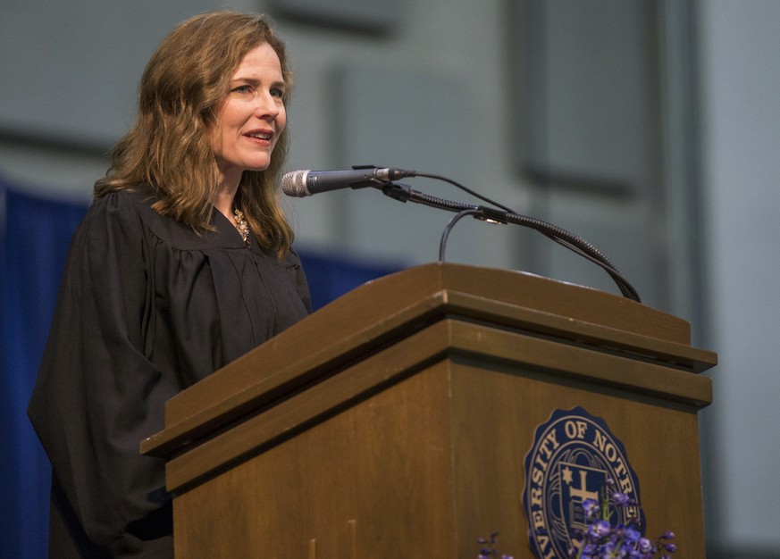 FILE - In this May 19, 2018, file photo, Amy Coney Barrett, United States Court of Appeals for the Seventh Circuit judge, speaks during the University of Notre Dame&#039;s Law School commencement cere ...