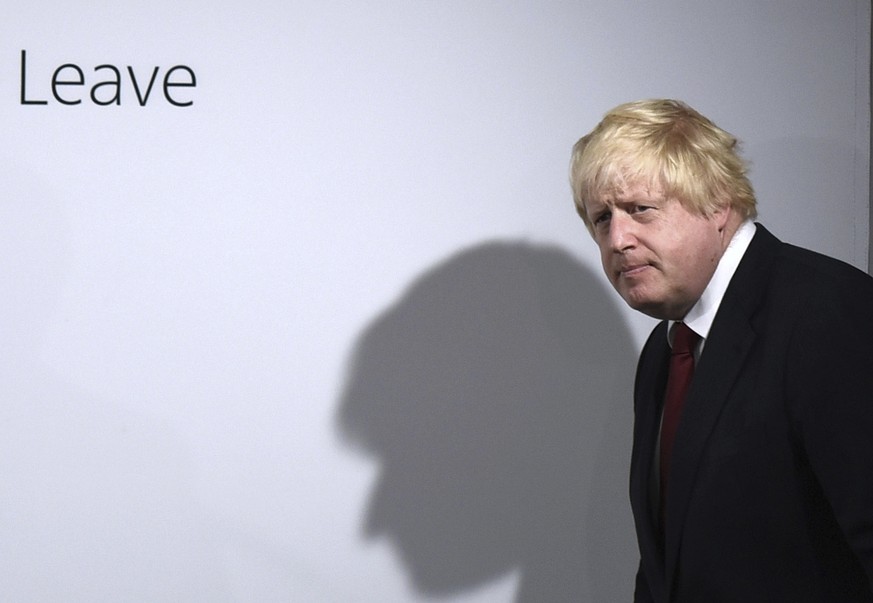 FILE - In this Friday, June 24, 2016 file photo, Vote Leave campaigner Boris Johnson arrives for a press conference at Vote Leave headquarters in London. (Mary Turner/Pool via AP, File)