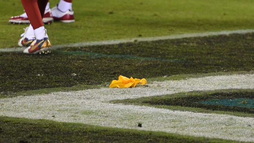 PHILADELPHIA, PA - OCTOBER 22: A penalty flag sits in the end zone during the game between the New York Giants and the Philadelphia Eagles on October 22, 2020 at Lincoln Financial Field in Philadelphi ...