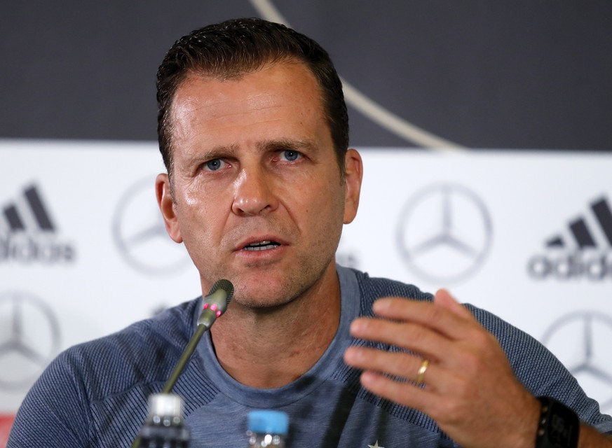 epa06823796 Germany&#039;s soccer national team manager Oliver Bierhoff speaks during a press conference in Adler Sochi, Russia, 20 June 2018. Germany will face Sweden in the FIFA World Cup 2018 Group ...