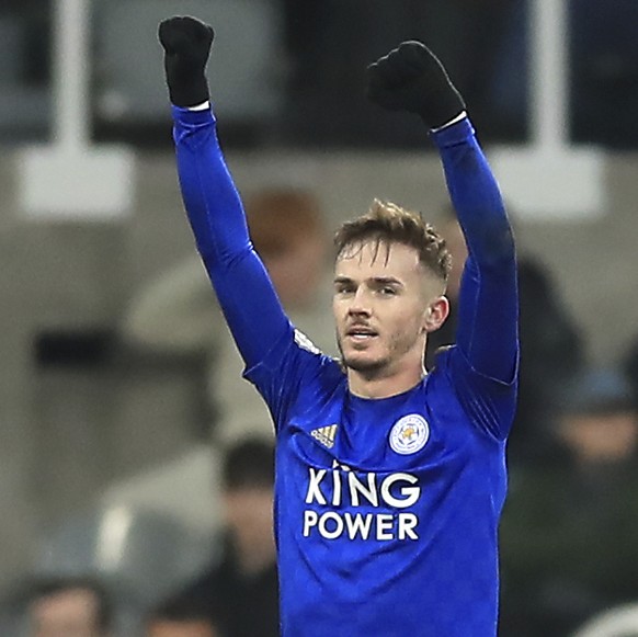 Leicester City&#039;s James Maddison celebrates scoring his side&#039;s second goal of the game, during the English Premier League soccer match between Newcastle United and Leicester City at St James& ...