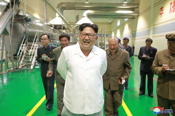 In this undated photo provided on July 10, 2018, by the North Korean government, North Korean leader Kim Jong Un, center, visits a potato farina production factory in Samjiyon County, North Korea. Ind ...