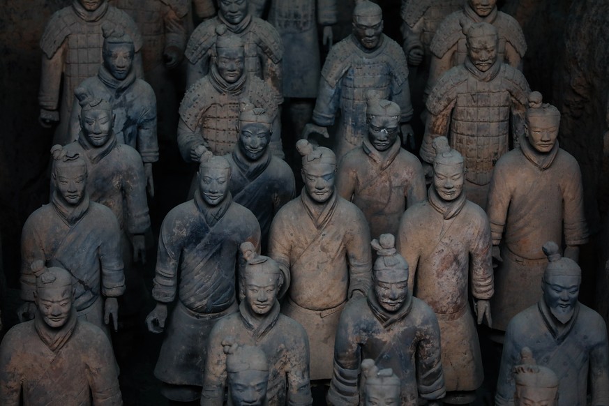 epa07048803 Terracotta Warriors stand in partially unearthed pits at the Museum of Qin Terracotta Warriors and Horses, in Xi&#039;an, the capital of Shaanxi Province, China, 26 September 2018. The Ter ...