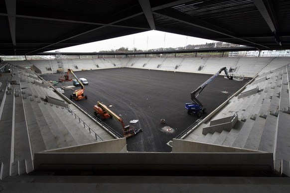 Une vue sur le chantier du stade de la Tuiliere le future stade de football de 12&#039;000 spectateurs du FC Lausanne-Sport ce mardi 11 fevrier 2020 a Lausanne. (KEYSTONE/Laurent Gillieron)
