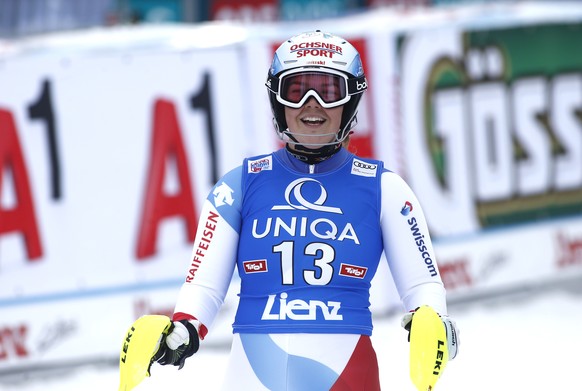 Switzerland&#039;s Melanie Meillard smiles at the end of the final run of an alpine ski, women&#039;s World Cup slalom, in Lienz, Austria, Thursday, Dec. 28, 2017. (AP Photo/Giovanni Auletta)