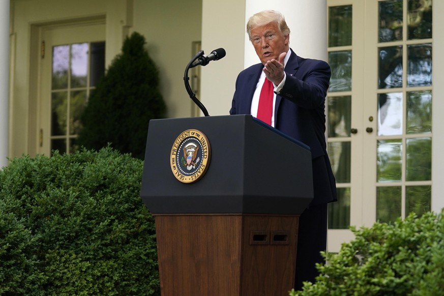 President Donald Trump answers questions from reporters during an event on protecting seniors with diabetes in the Rose Garden White House, Tuesday, May 26, 2020, in Washington. (AP Photo/Evan Vucci)
 ...
